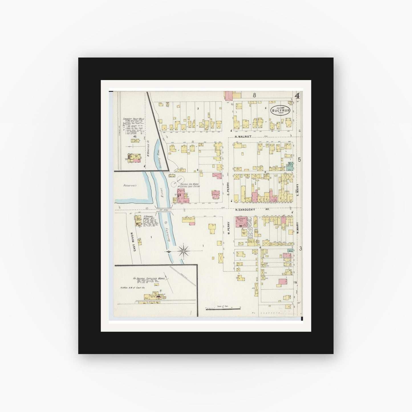 Old map wall art mockup — black gallery frame with white mat — Sanborn Fire Insurance Map from Bucyrus, Crawford County, Ohio (1897), Sheet #0004