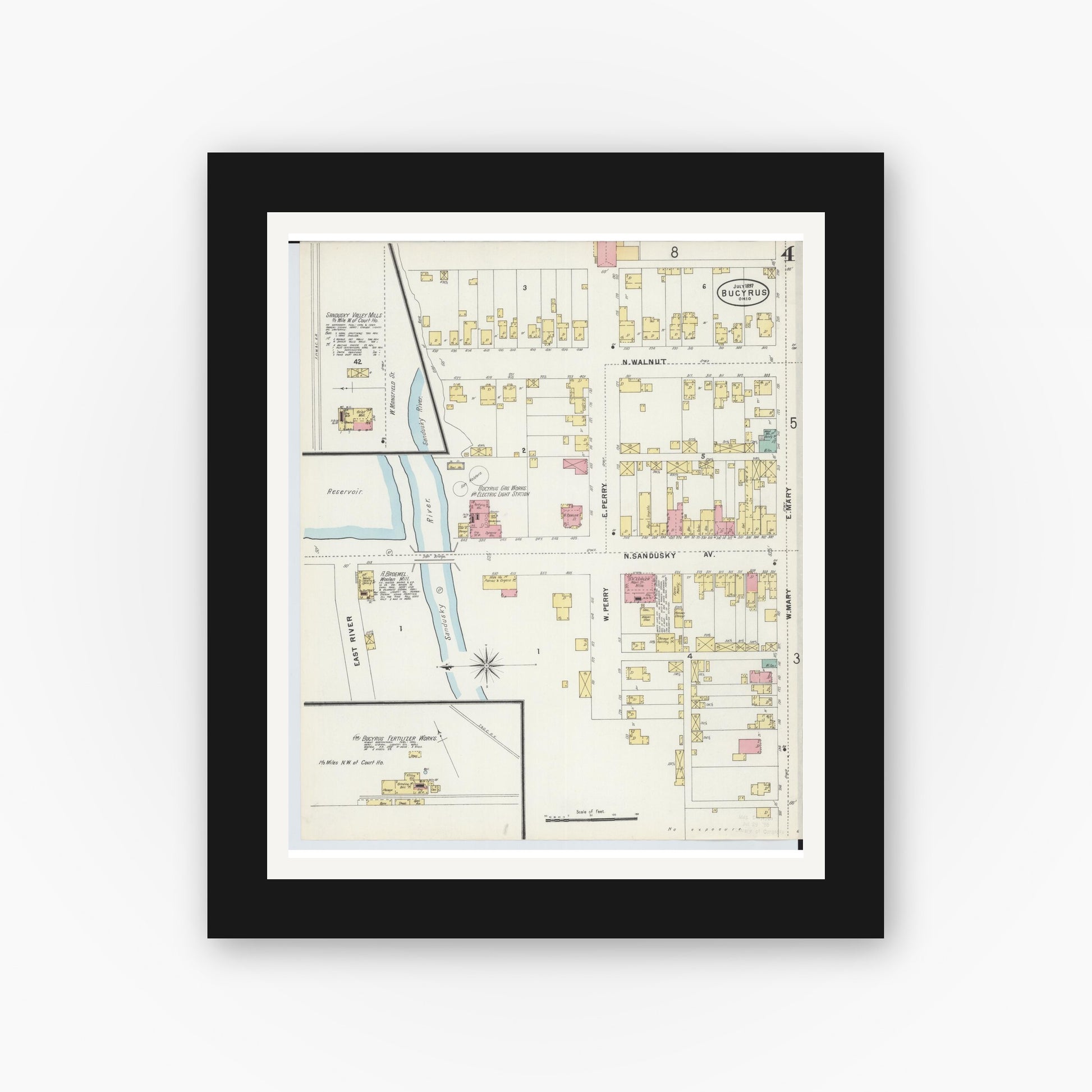 Old map wall art mockup — black gallery frame with white mat — Sanborn Fire Insurance Map from Bucyrus, Crawford County, Ohio (1897), Sheet #0004