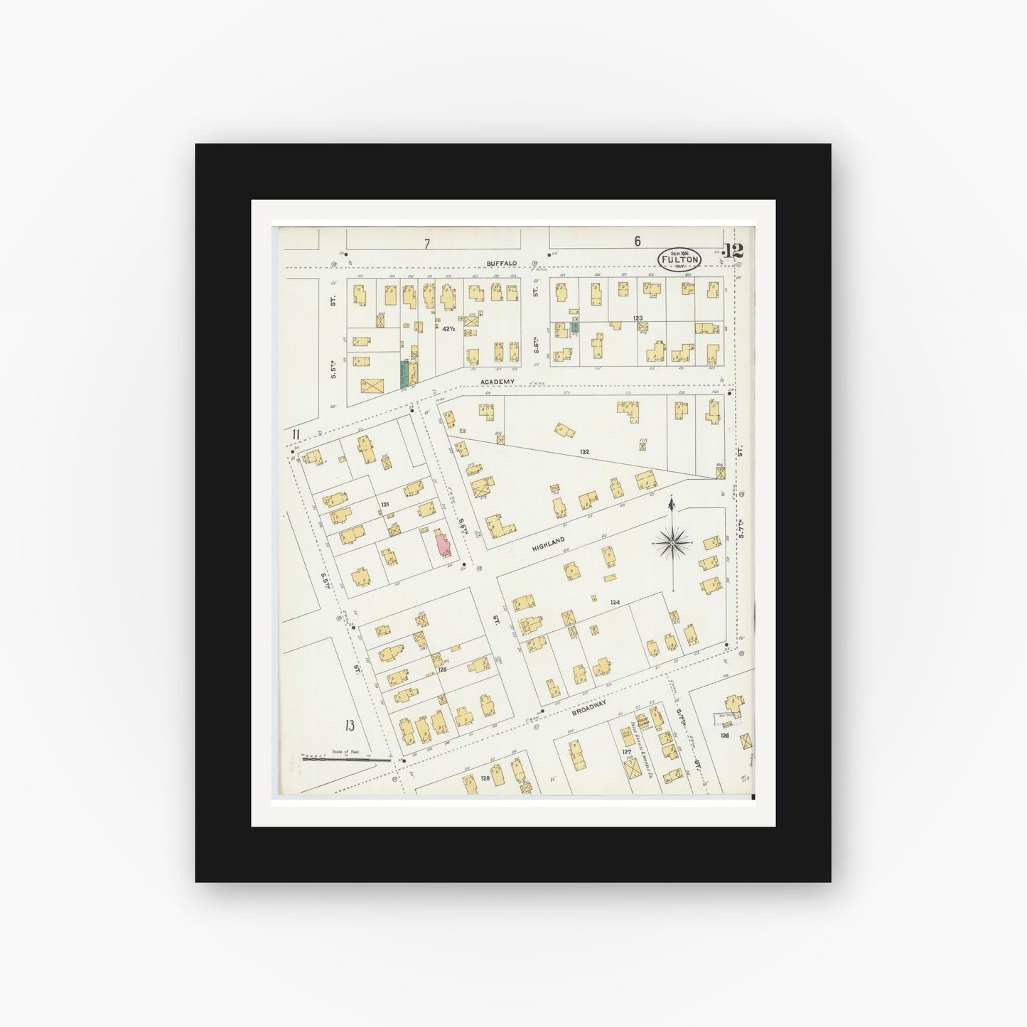Old map wall art mockup — black gallery frame with white mat — Sanborn Fire Insurance Map from Fulton, Oswego County, New York (1906), Sheet #0012