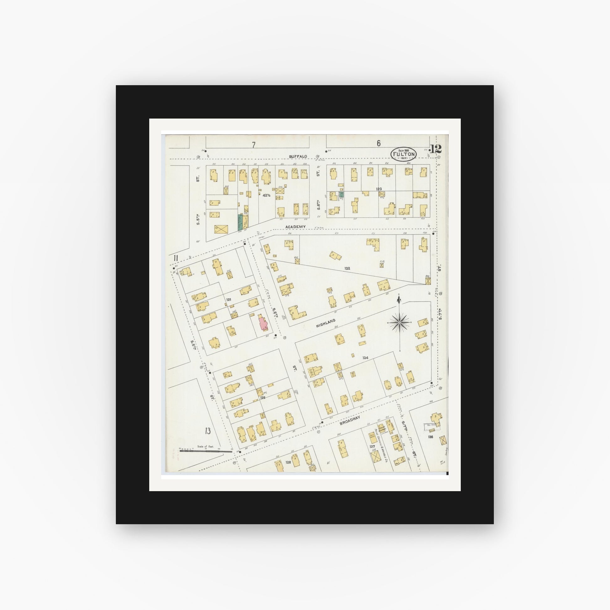 Old map wall art mockup — black gallery frame with white mat — Sanborn Fire Insurance Map from Fulton, Oswego County, New York (1906), Sheet #0012
