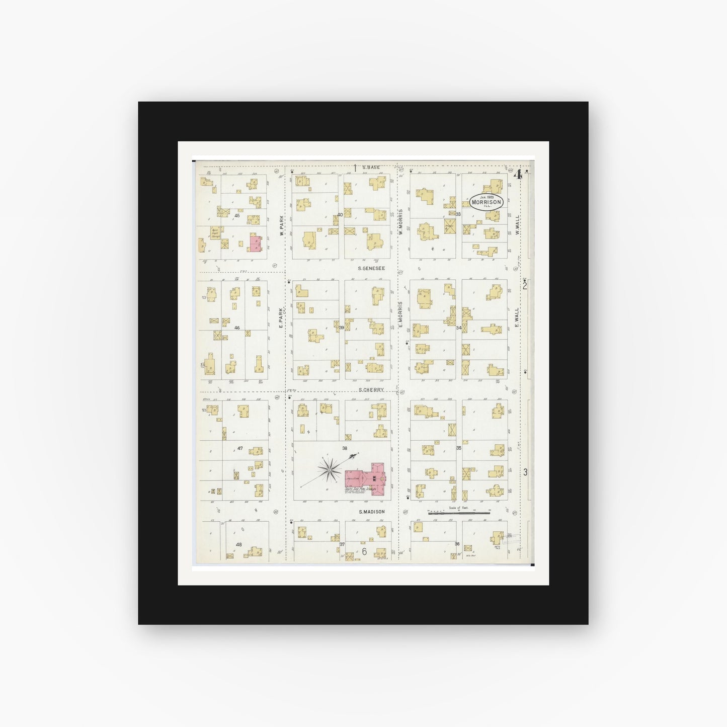 Old map wall art mockup — black gallery frame with white mat — Sanborn Fire Insurance Map from Morrison, Whiteside County, Illinois (1903), Sheet #0004