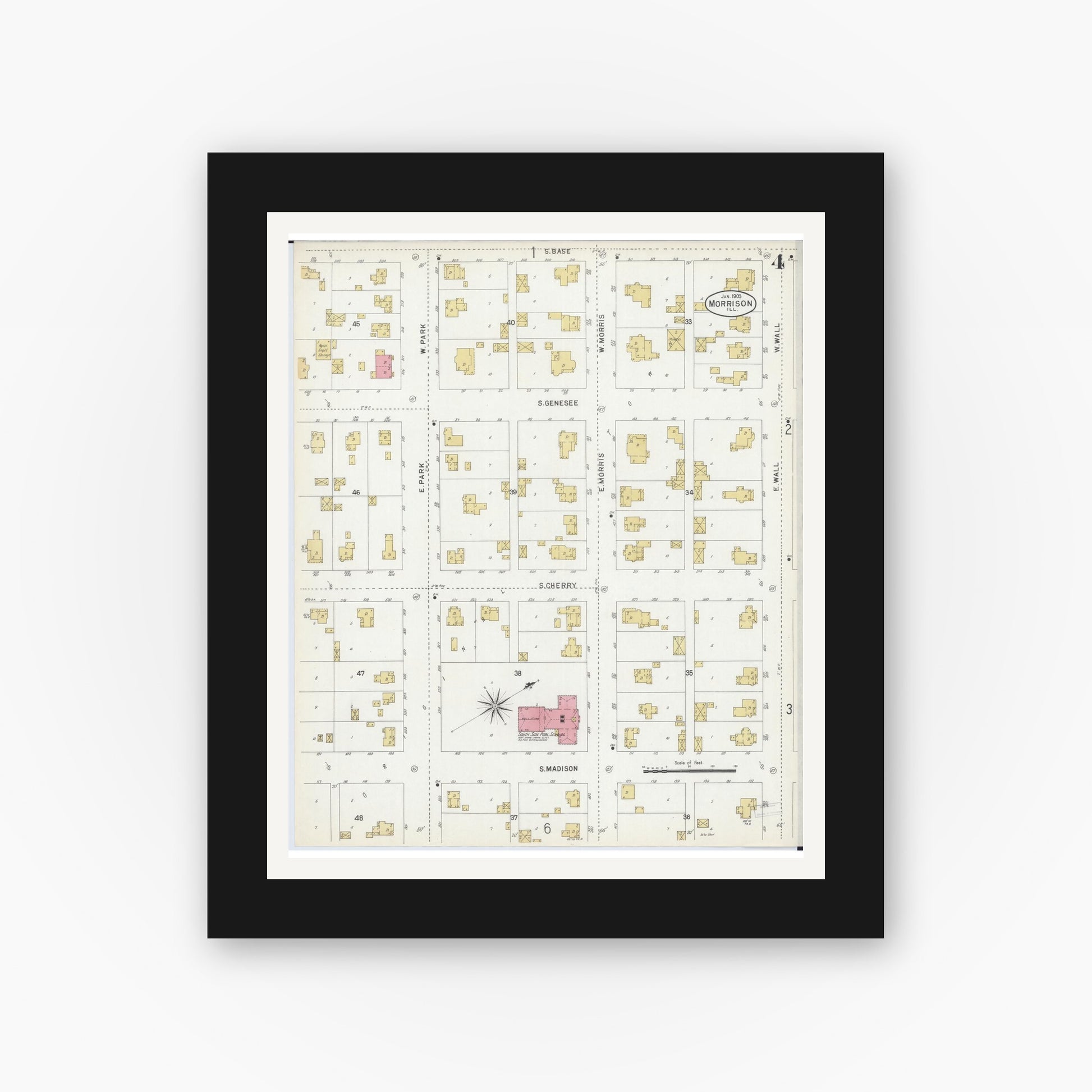 Old map wall art mockup — black gallery frame with white mat — Sanborn Fire Insurance Map from Morrison, Whiteside County, Illinois (1903), Sheet #0004