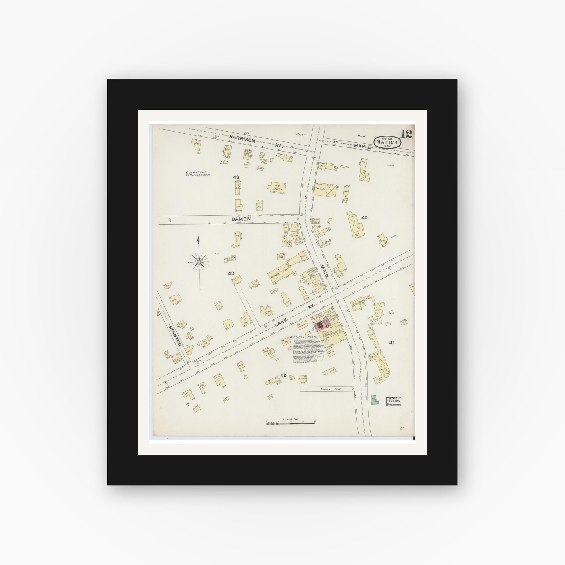 Old map wall art mockup — black gallery frame with white mat — Sanborn Fire Insurance Map from Natick, Middlesex County, Massachusetts (1888), Sheet #0012