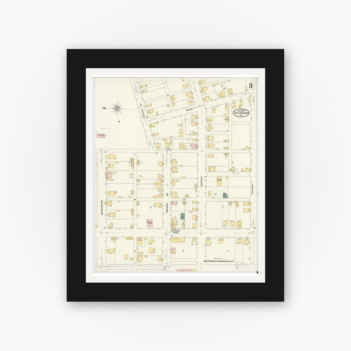 Old map wall art mockup — black gallery frame with white mat — Sanborn Fire Insurance Map from Saltsburg, Indiana County, Pennsylvania (1909), Sheet #0003
