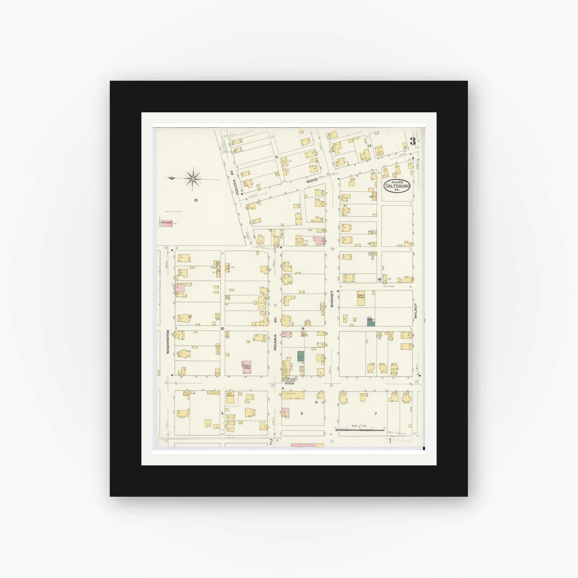 Old map wall art mockup — black gallery frame with white mat — Sanborn Fire Insurance Map from Saltsburg, Indiana County, Pennsylvania (1909), Sheet #0003