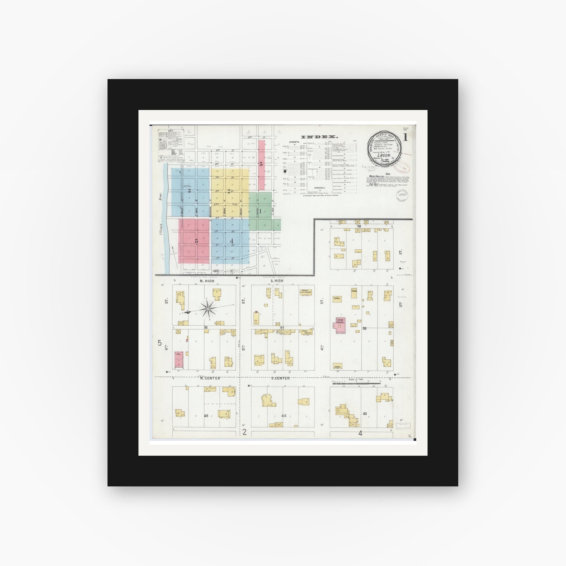 Old map wall art mockup — black gallery frame with white mat — Sanborn Fire Insurance Map from Lacon, Marshall County, Illinois (1899), Sheet #0001