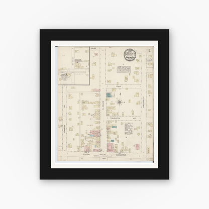 Old map wall art mockup — black gallery frame with white mat — Sanborn Fire Insurance Map from Bowling Green, Wood County, Ohio (1884), Sheet #0001
