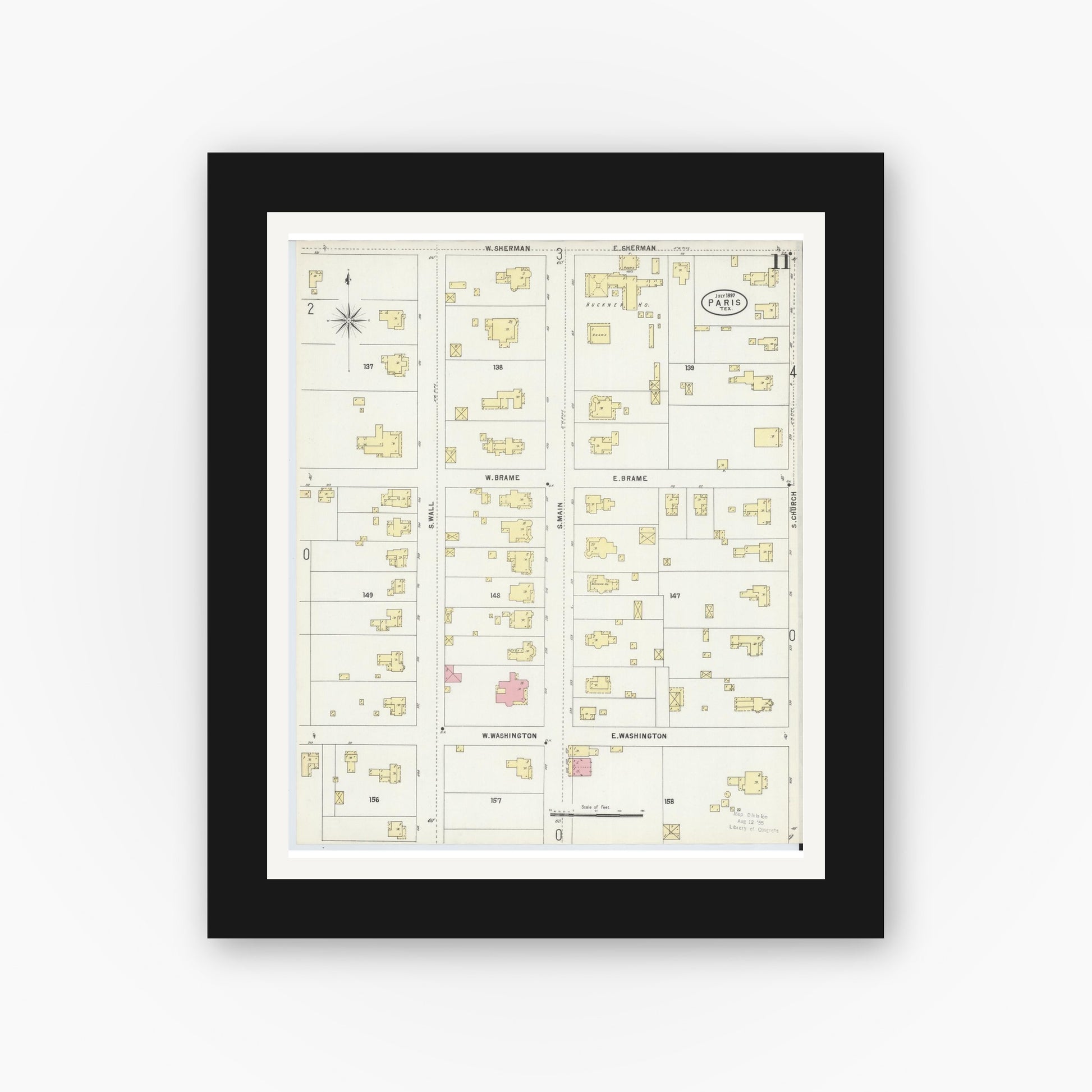Old map wall art mockup — black gallery frame with white mat — Sanborn Fire Insurance Map from Paris, Lamar County, Texas (1897), Sheet #0011