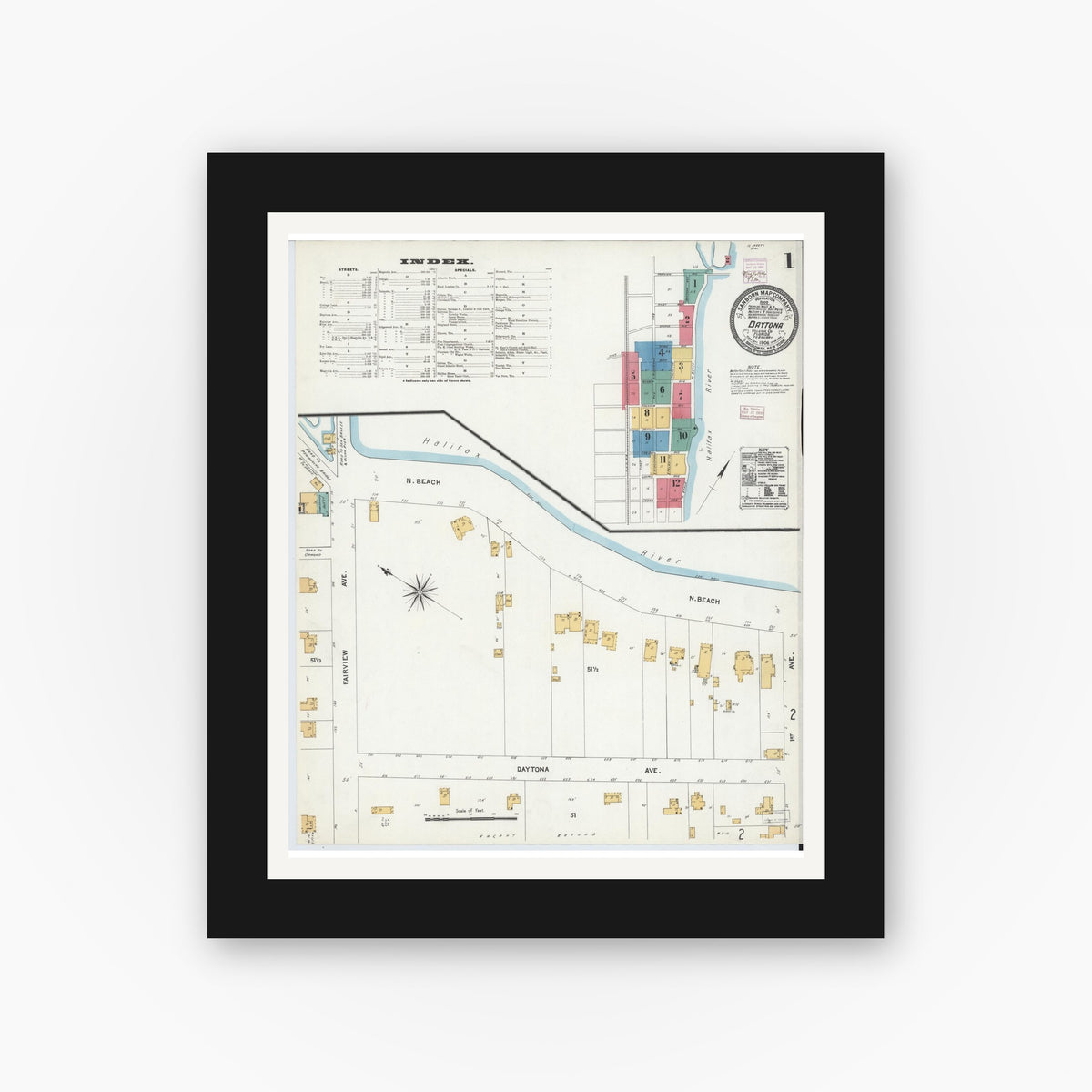 Old map wall art mockup — black gallery frame with white mat — Sanborn Fire Insurance Map from Daytona, Volusia County, Florida (1906), Sheet #0001