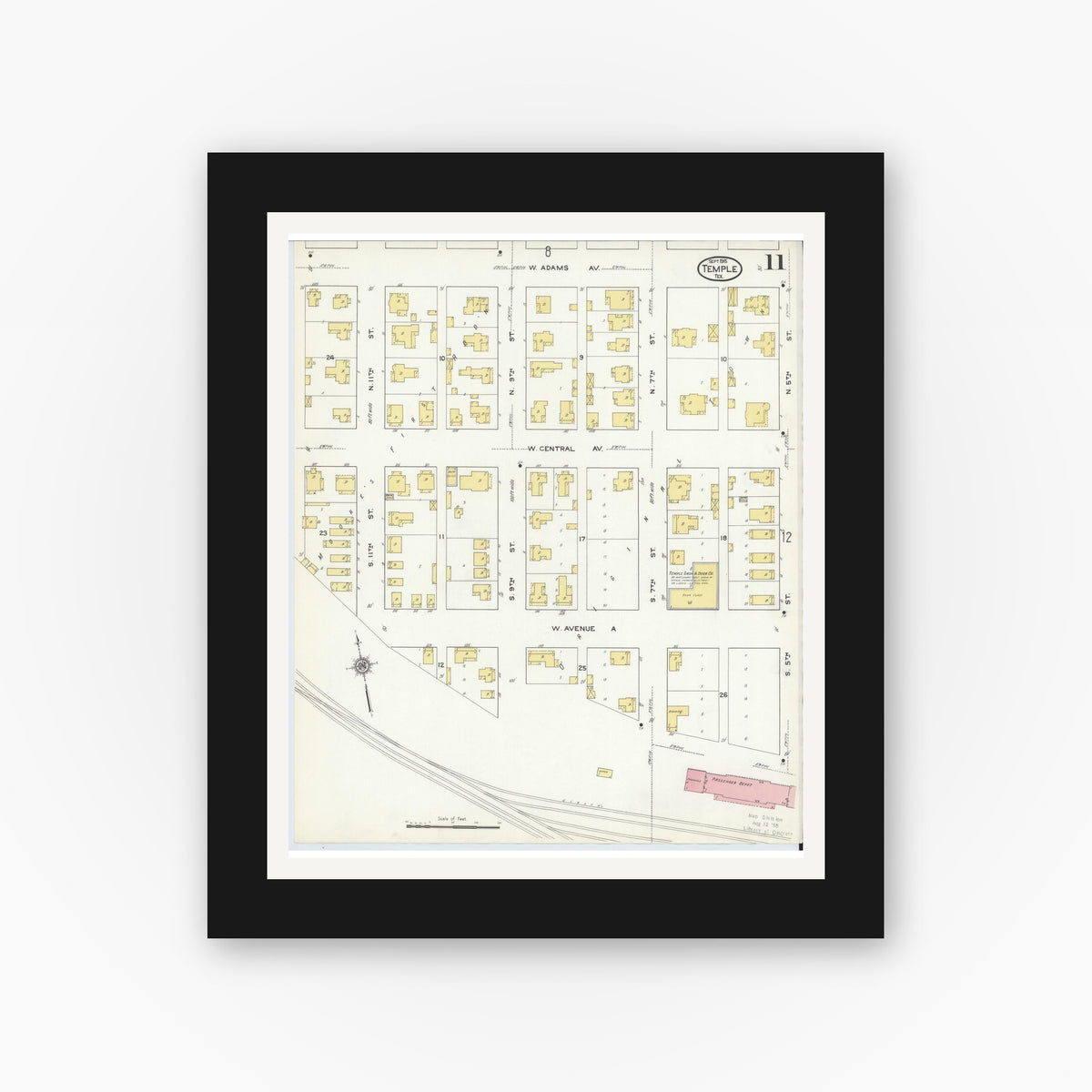 Old map wall art mockup — black gallery frame with white mat — Sanborn Fire Insurance Map from Temple, Bell County, Texas (1915), Sheet #0011