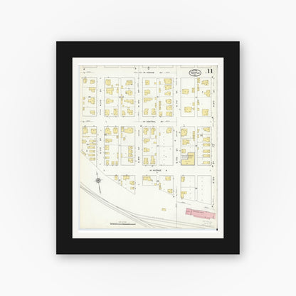 Old map wall art mockup — black gallery frame with white mat — Sanborn Fire Insurance Map from Temple, Bell County, Texas (1915), Sheet #0011