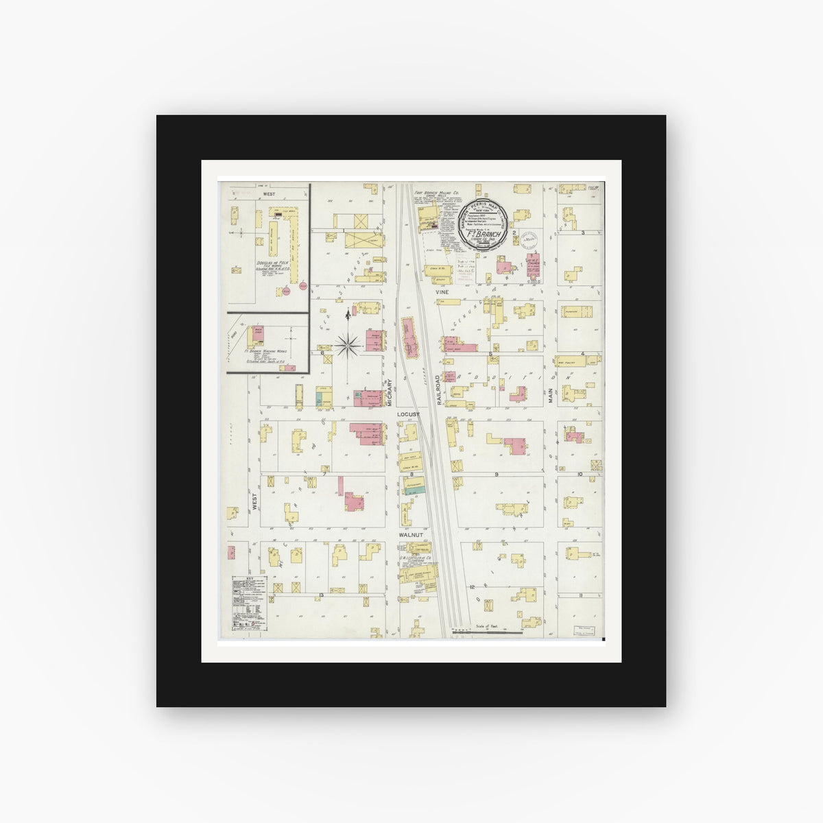 Old map wall art mockup — black gallery frame with white mat — Sanborn Fire Insurance Map from Fort Branch, Gibson County, Indiana (1900), Sheet #0001