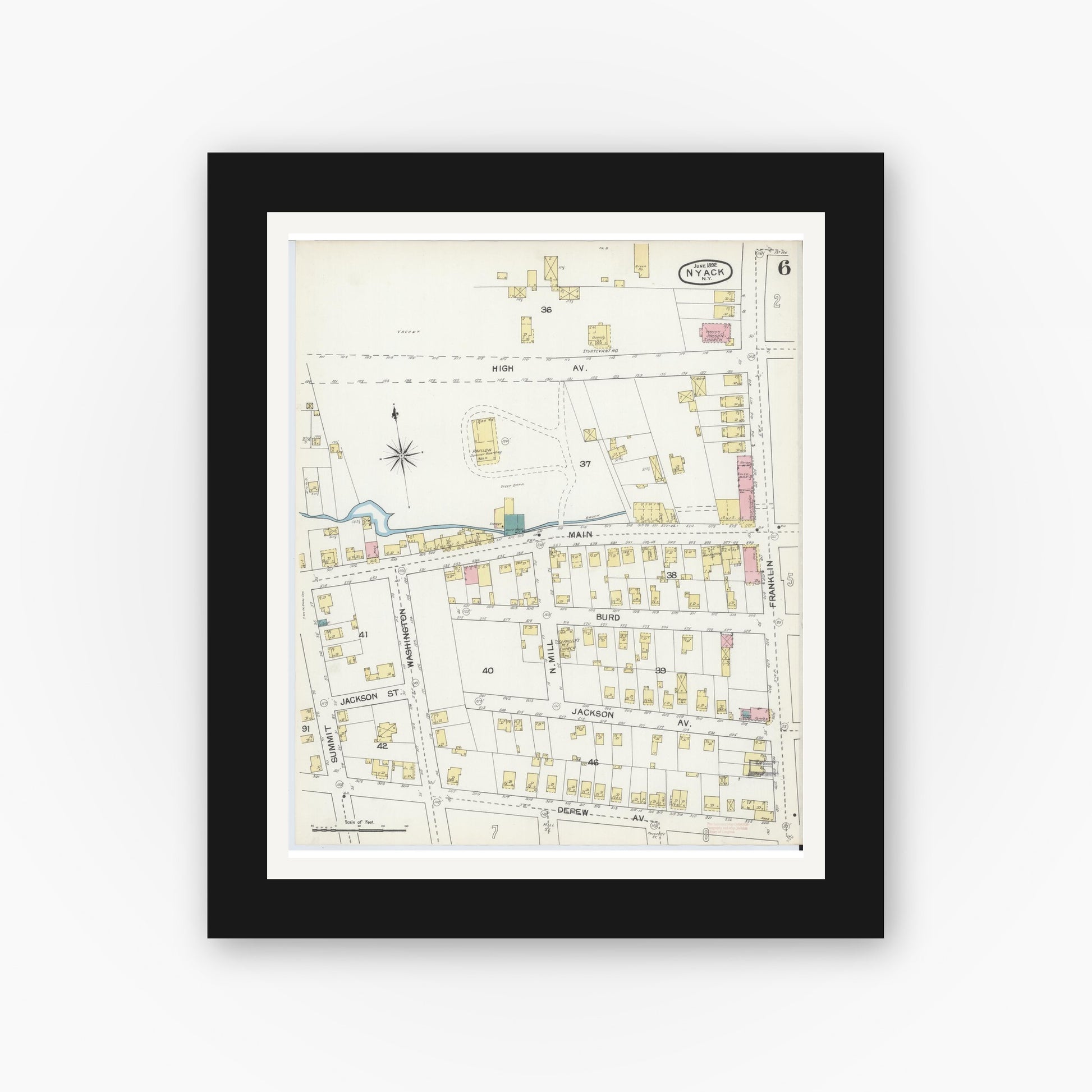 Old map wall art mockup — black gallery frame with white mat — Sanborn Fire Insurance Map from Nyack, Rockland County, New York. (1892), Sheet #0006