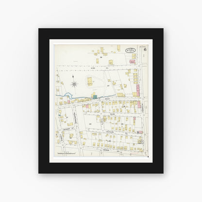 Old map wall art mockup — black gallery frame with white mat — Sanborn Fire Insurance Map from Nyack, Rockland County, New York. (1892), Sheet #0006