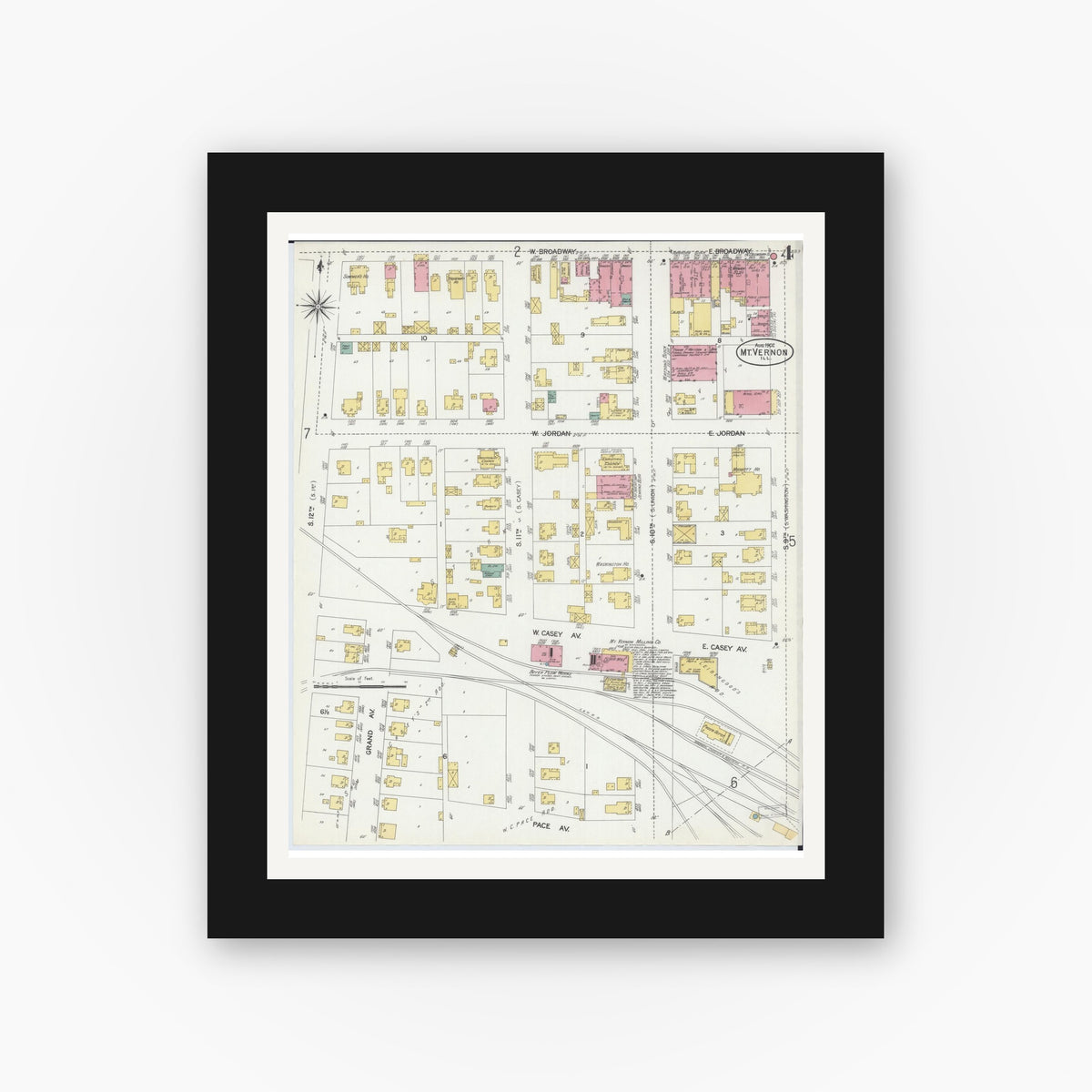 Old map wall art mockup — black gallery frame with white mat — Sanborn Fire Insurance Map from Mount Vernon, Jefferson County, Illinois (1902), Sheet #0004