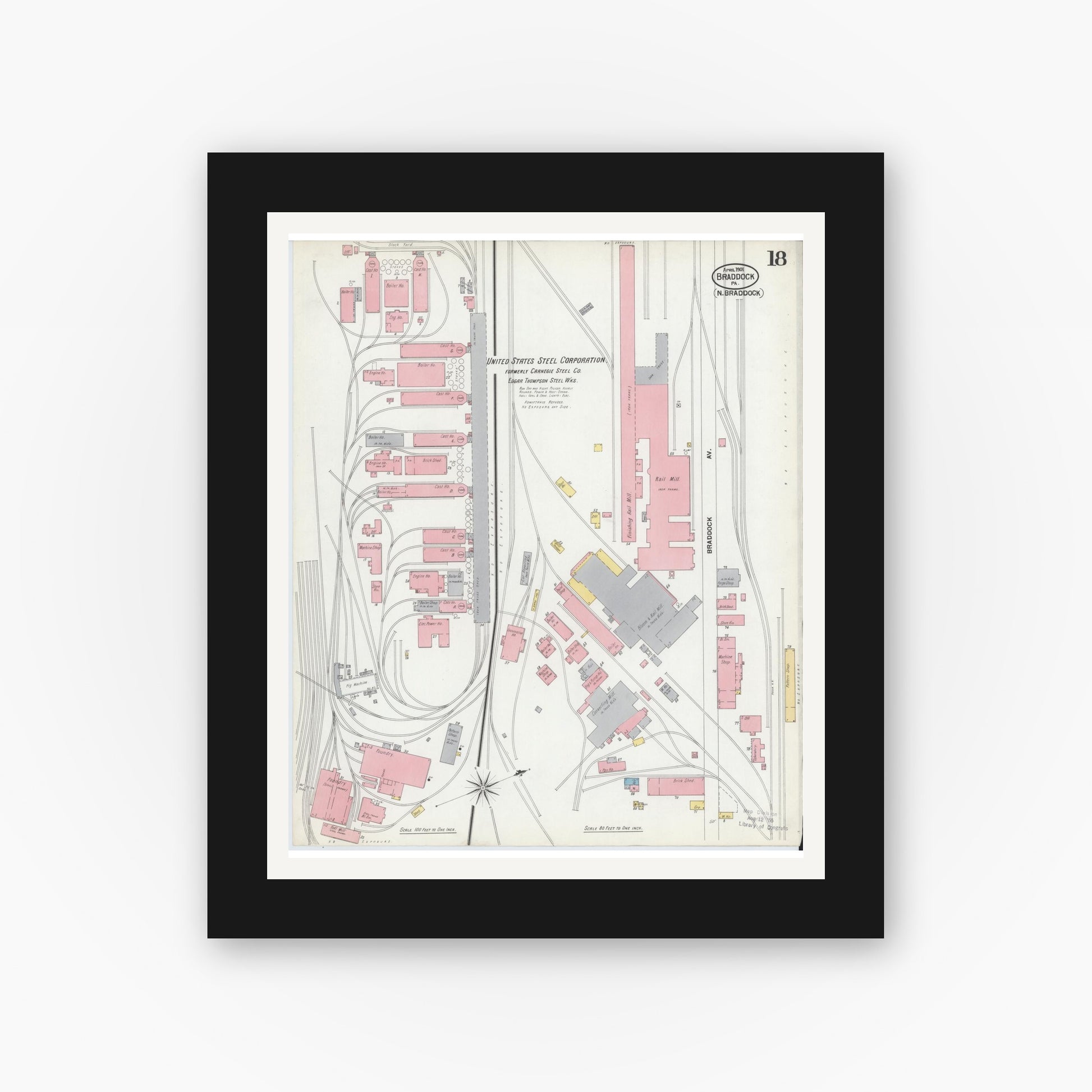 Old map wall art mockup — black gallery frame with white mat — Sanborn Fire Insurance Map from Braddock, Allegheny County, Pennsylvania (1901), Sheet #0018