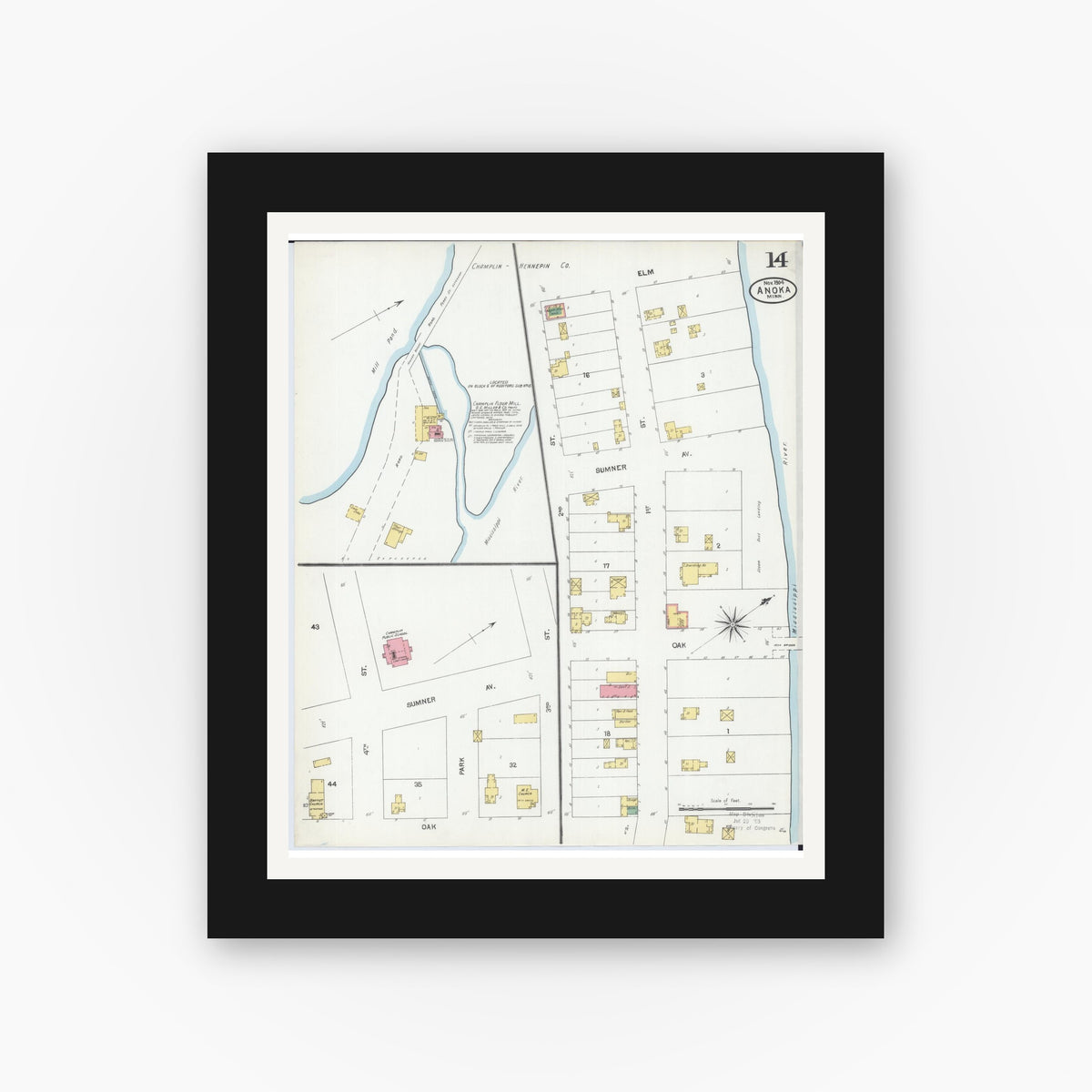 Old map wall art mockup — black gallery frame with white mat — Sanborn Fire Insurance Map from Anoka, Anoka County, Minnesota (1904), Sheet #0014