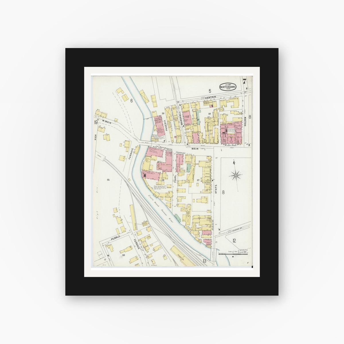 Old map wall art mockup — black gallery frame with white mat — Sanborn Fire Insurance Map from North Adams, Berkshire County, Massachusetts (1897), Sheet #0007
