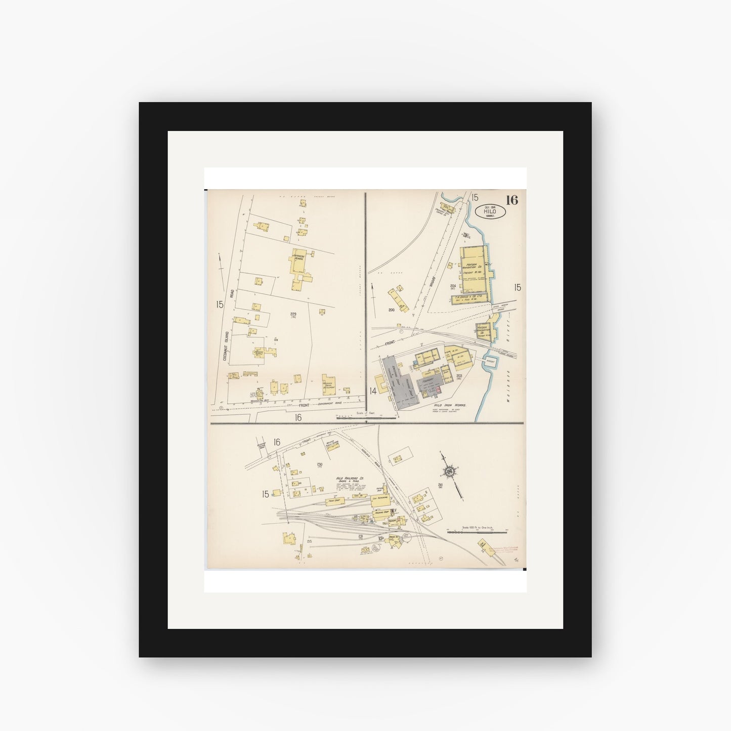 Old map wall art mockup — black gallery frame with white mat — Sanborn Fire Insurance Map from Hilo, Hawaii County, Hawaii (1914), Sheet #0016