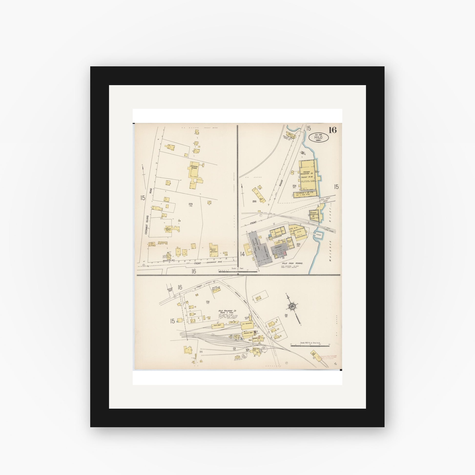 Old map wall art mockup — black gallery frame with white mat — Sanborn Fire Insurance Map from Hilo, Hawaii County, Hawaii (1914), Sheet #0016