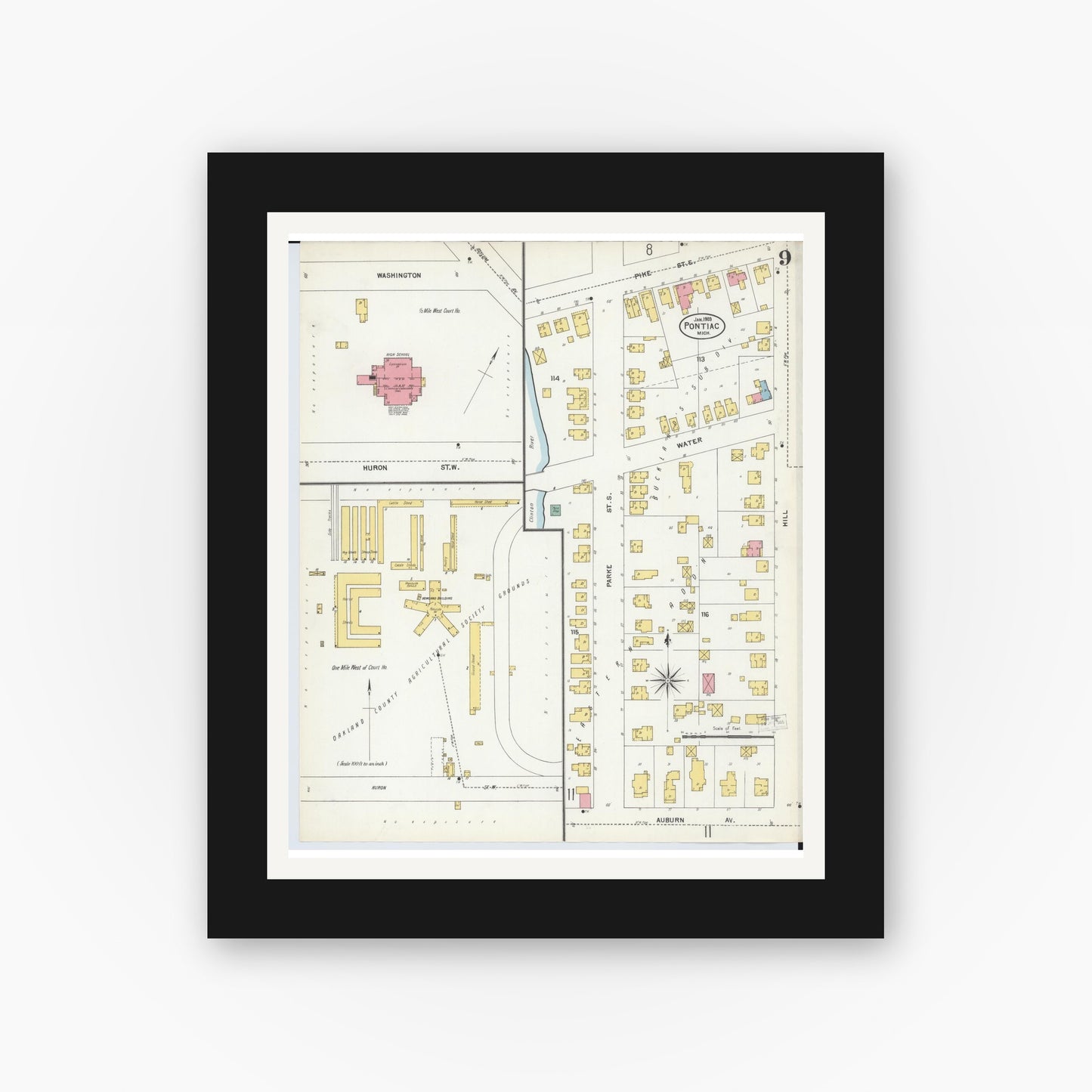 Old map wall art mockup — black gallery frame with white mat — Sanborn Fire Insurance Map from Pontiac, Oakland County, Michigan (1903), Sheet #0009