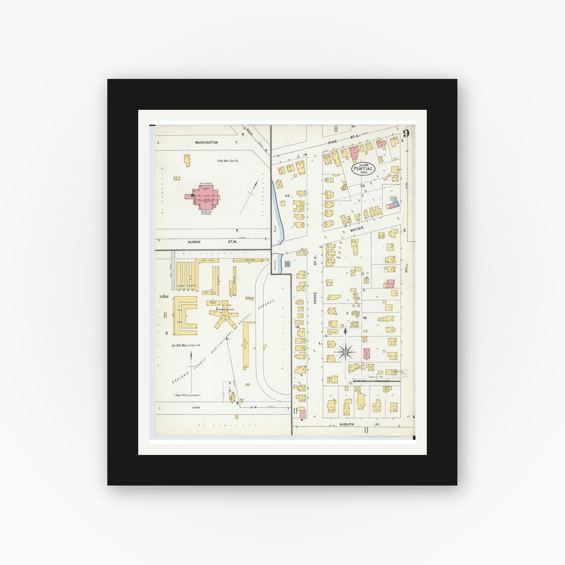 Old map wall art mockup — black gallery frame with white mat — Sanborn Fire Insurance Map from Pontiac, Oakland County, Michigan (1903), Sheet #0009
