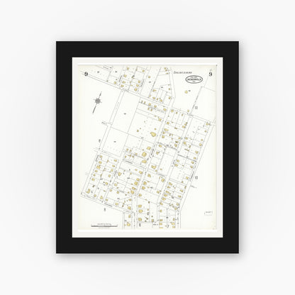 Old map wall art mockup — black gallery frame with white mat — Sanborn Fire Insurance Map from Jacksonville, Cherokee County, Texas (1923), Sheet #0009