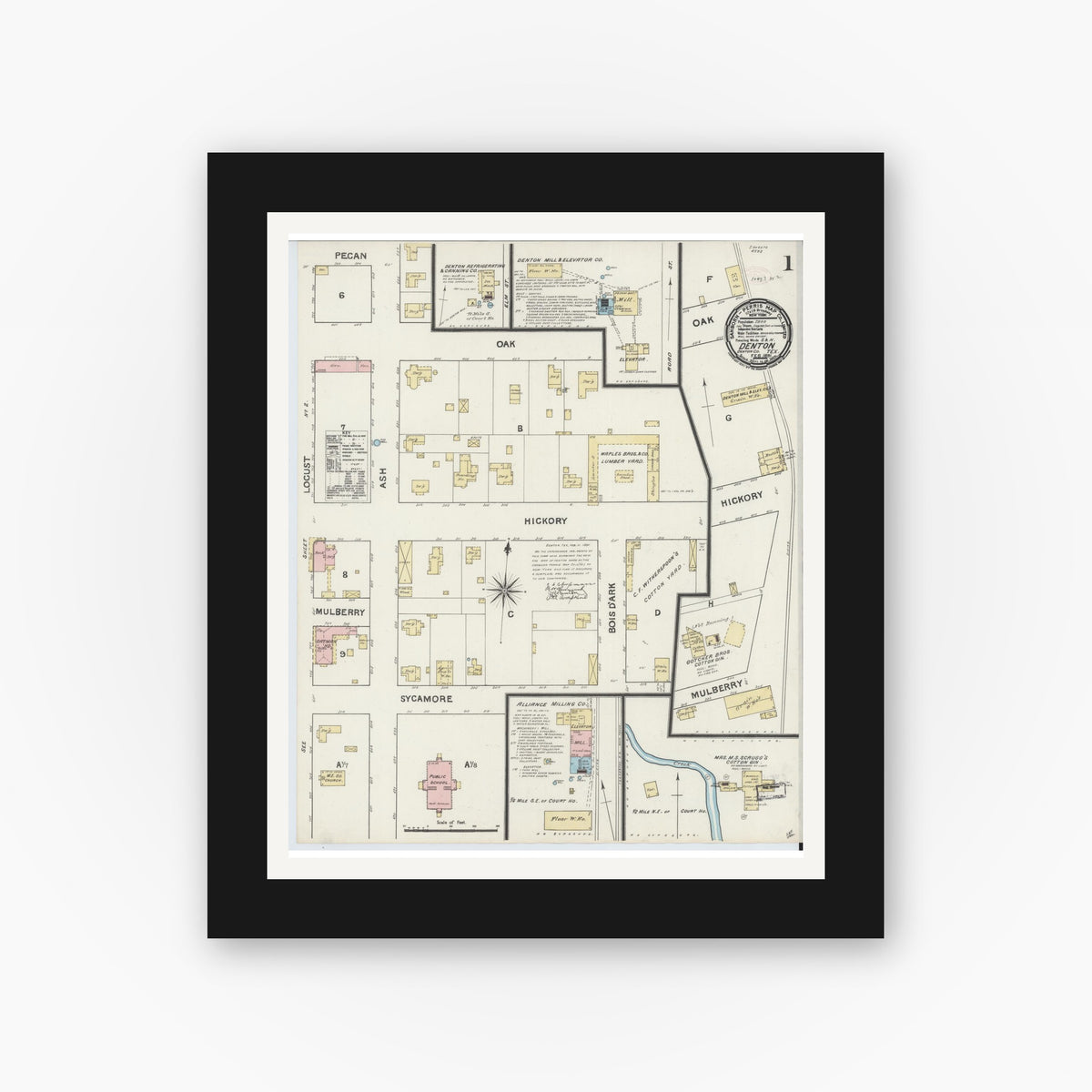 Old map wall art mockup — black gallery frame with white mat — Sanborn Fire Insurance Map from Denton, Denton County, Texas (1891), Sheet #0001