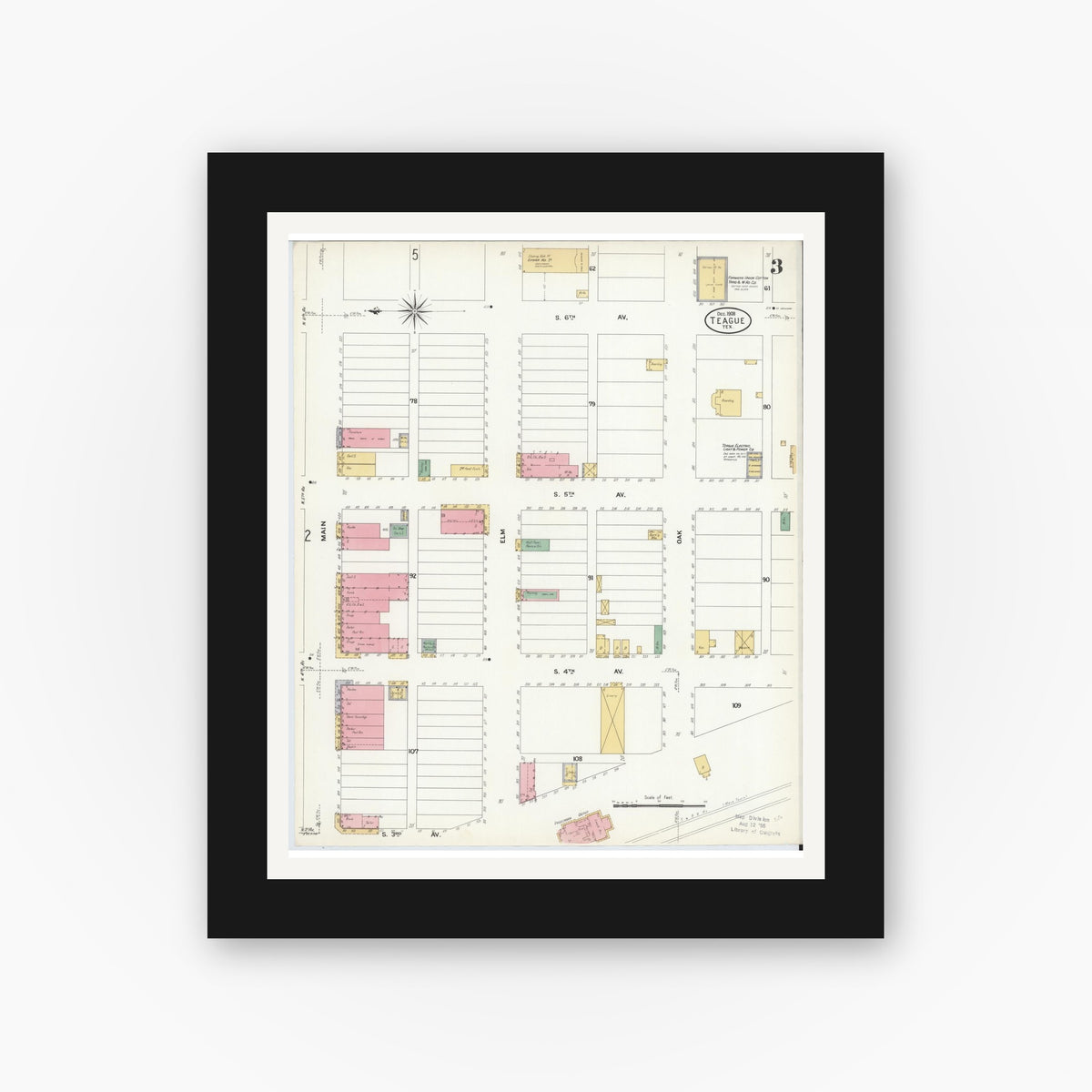 Old map wall art mockup — black gallery frame with white mat — Sanborn Fire Insurance Map from Teague, Freestone County, Texas (1908), Sheet #0003