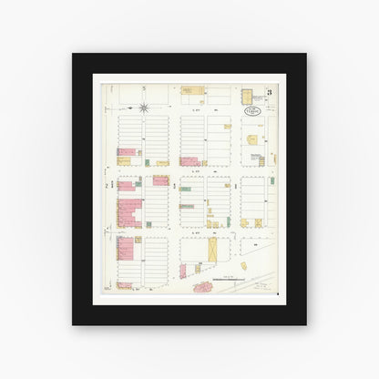 Old map wall art mockup — black gallery frame with white mat — Sanborn Fire Insurance Map from Teague, Freestone County, Texas (1908), Sheet #0003