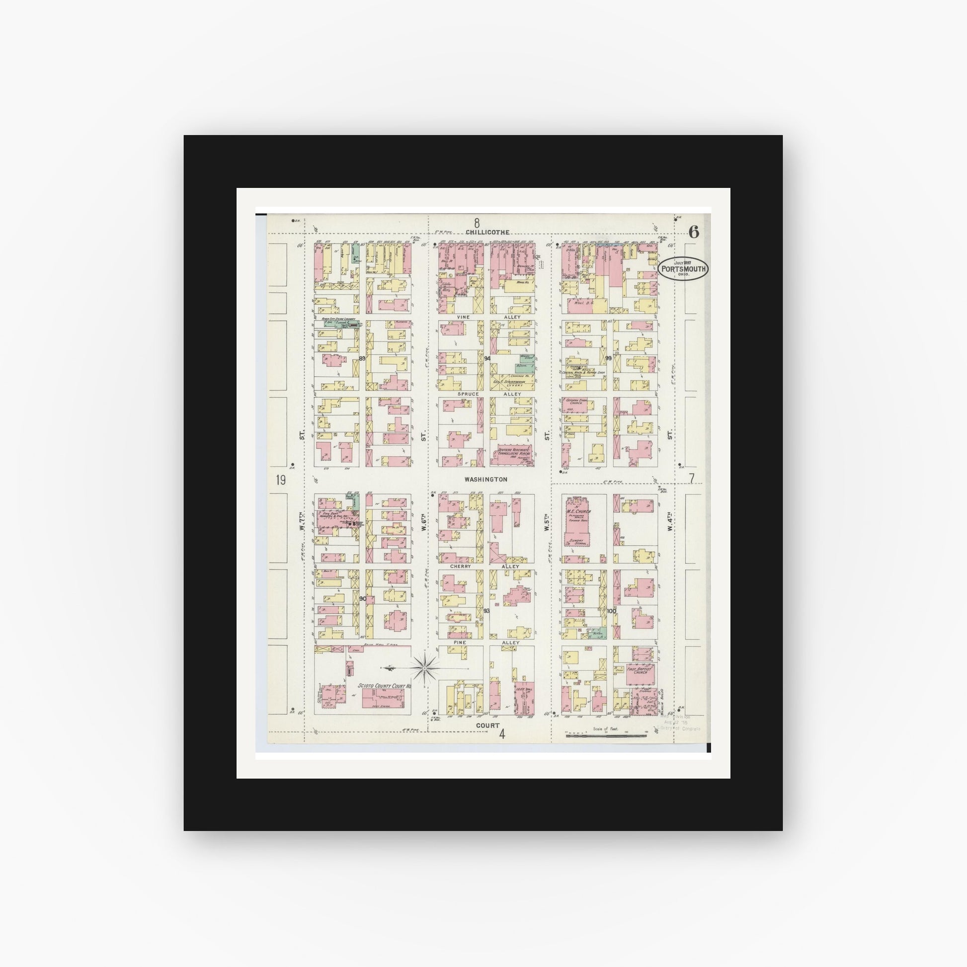 Old map wall art mockup — black gallery frame with white mat — Sanborn Fire Insurance Map from Portsmouth, Scioto County, Ohio (1897), Sheet #0006