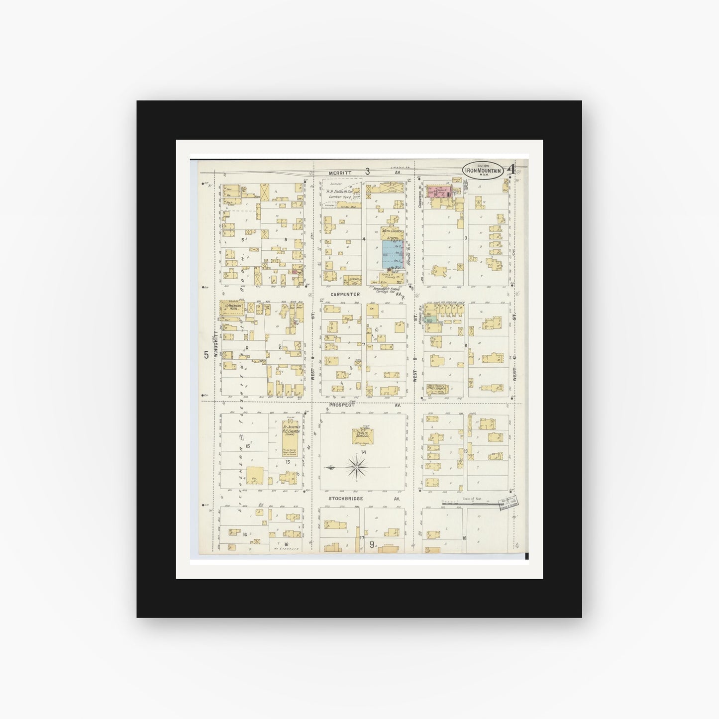 Old map wall art mockup — black gallery frame with white mat — Sanborn Fire Insurance Map from Iron Mountain, Dickinson County, Michigan (1897), Sheet #0004