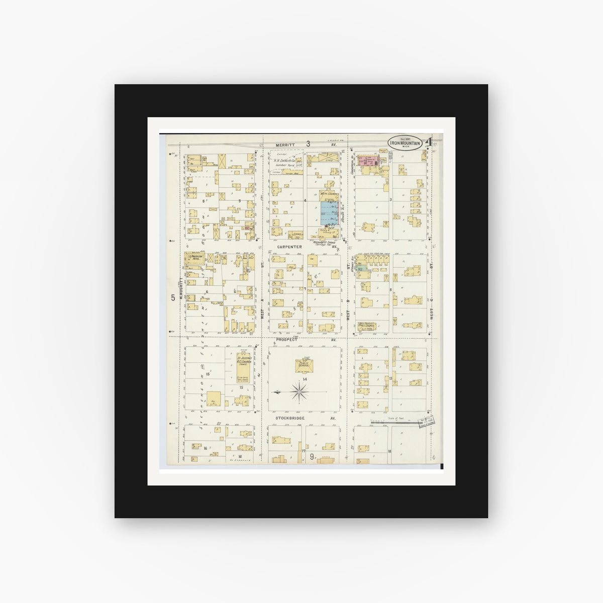Old map wall art mockup — black gallery frame with white mat — Sanborn Fire Insurance Map from Iron Mountain, Dickinson County, Michigan (1897), Sheet #0004