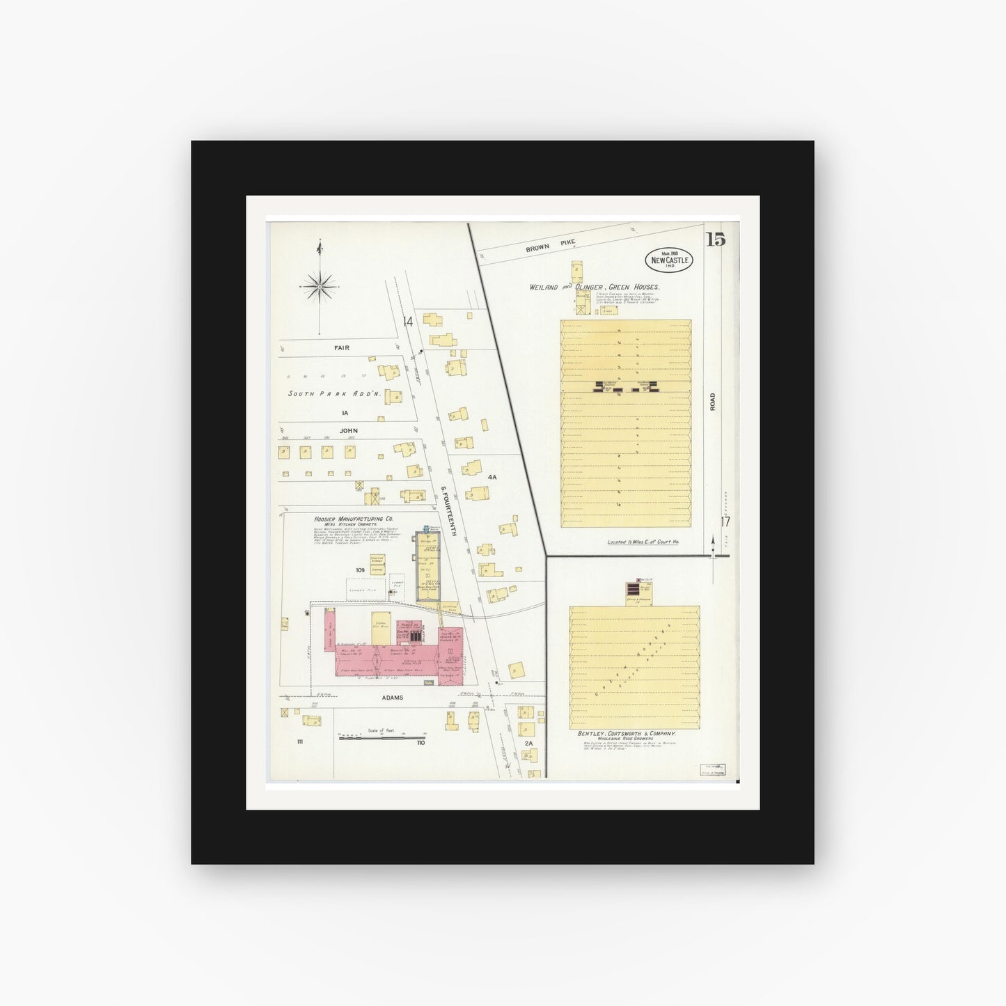 Old map wall art mockup — black gallery frame with white mat — Sanborn Fire Insurance Map from New Castle, Henry County, Indiana (1908), Sheet #0015