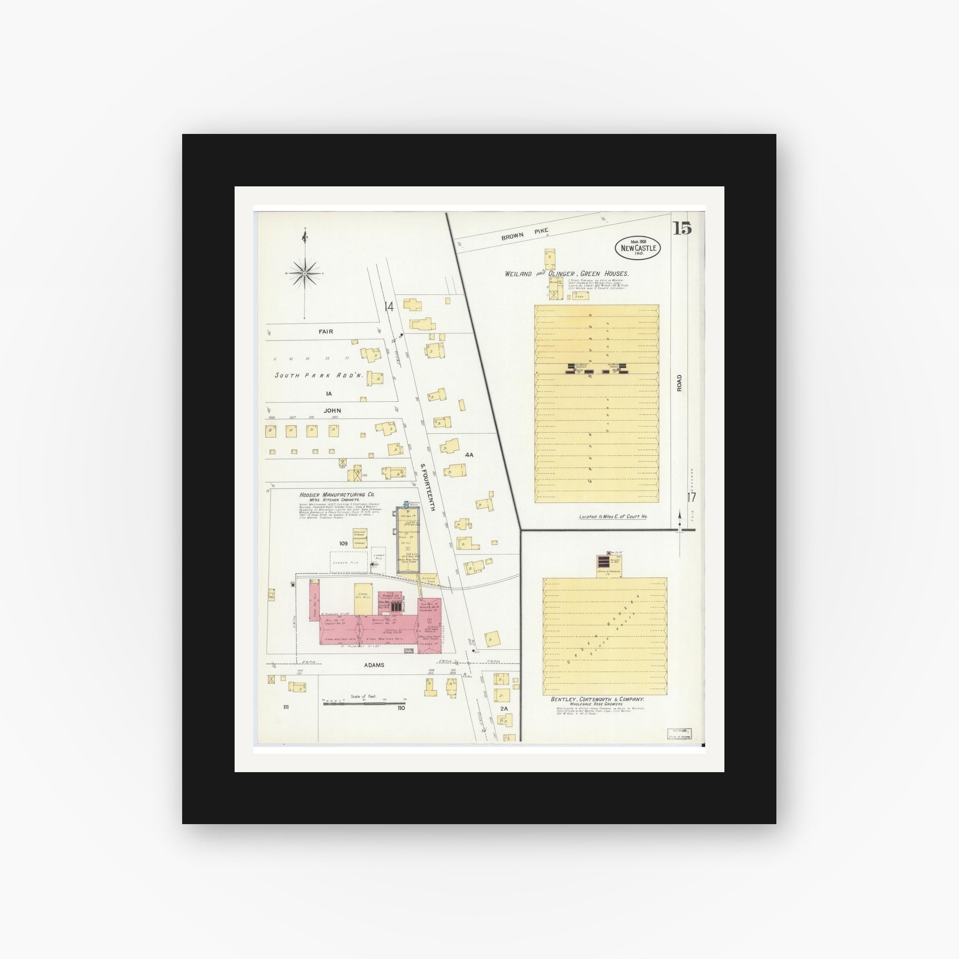 Old map wall art mockup — black gallery frame with white mat — Sanborn Fire Insurance Map from New Castle, Henry County, Indiana (1908), Sheet #0015