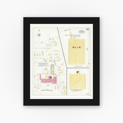 Old map wall art mockup — black gallery frame with white mat — Sanborn Fire Insurance Map from New Castle, Henry County, Indiana (1908), Sheet #0015