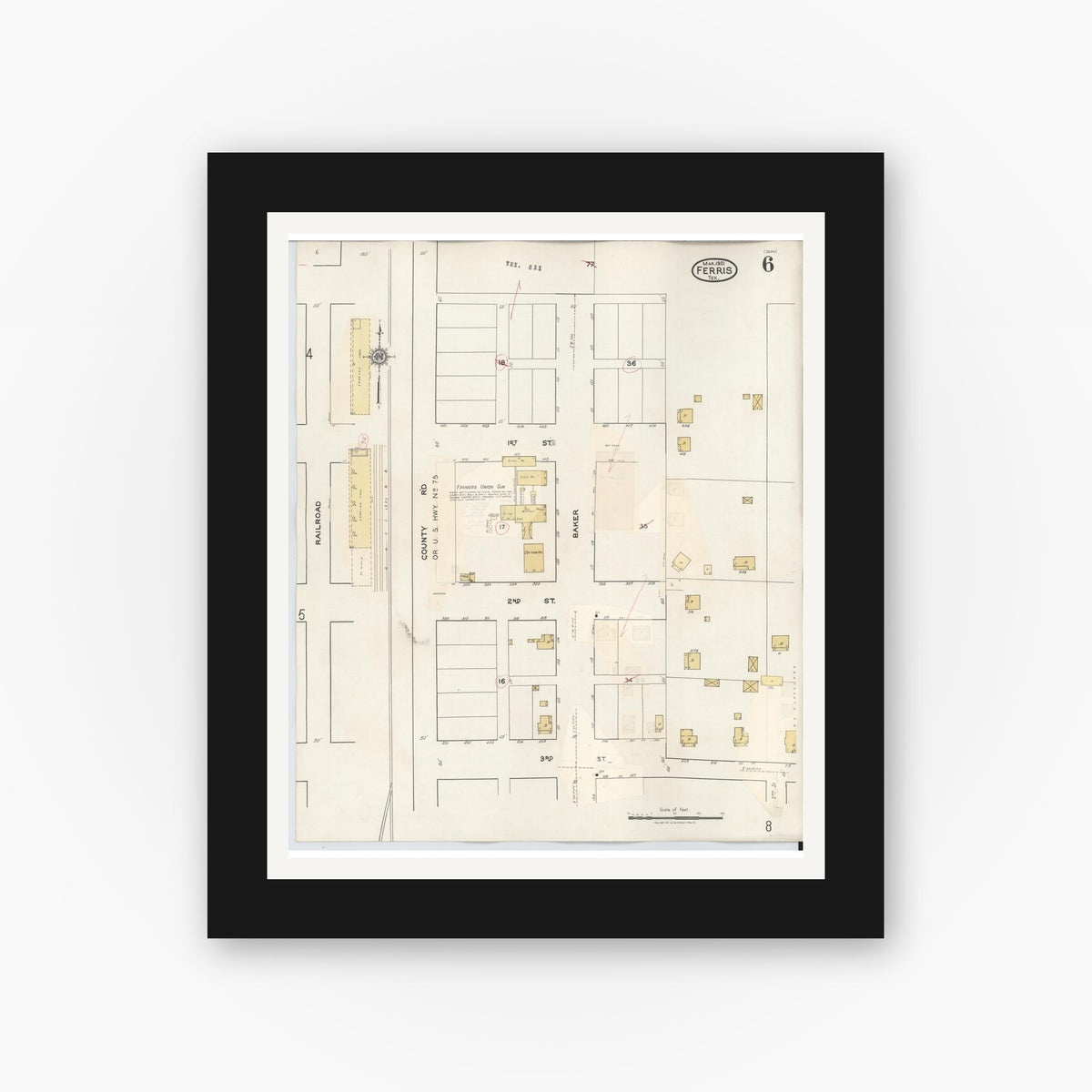Old map wall art mockup — black gallery frame with white mat — Sanborn Fire Insurance Map from Ferris, Ellis County, Texas (1941), Sheet #0006
