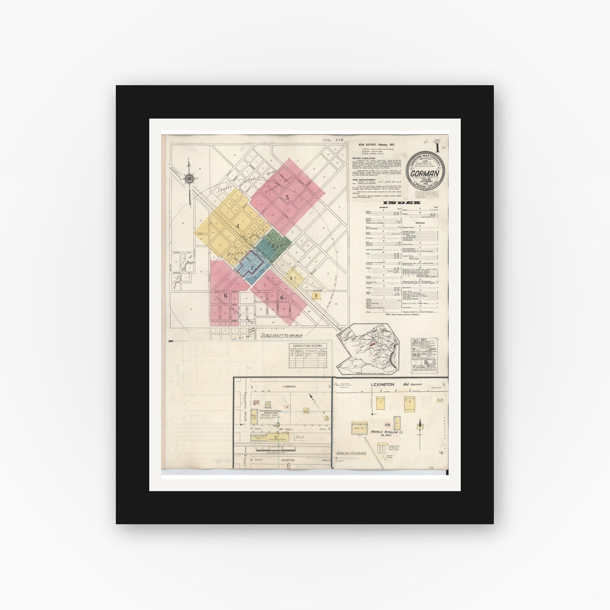 Old map wall art mockup — black gallery frame with white mat — Sanborn Fire Insurance Map from Gorman, Eastland County, Texas (1945) - Complete Map Set