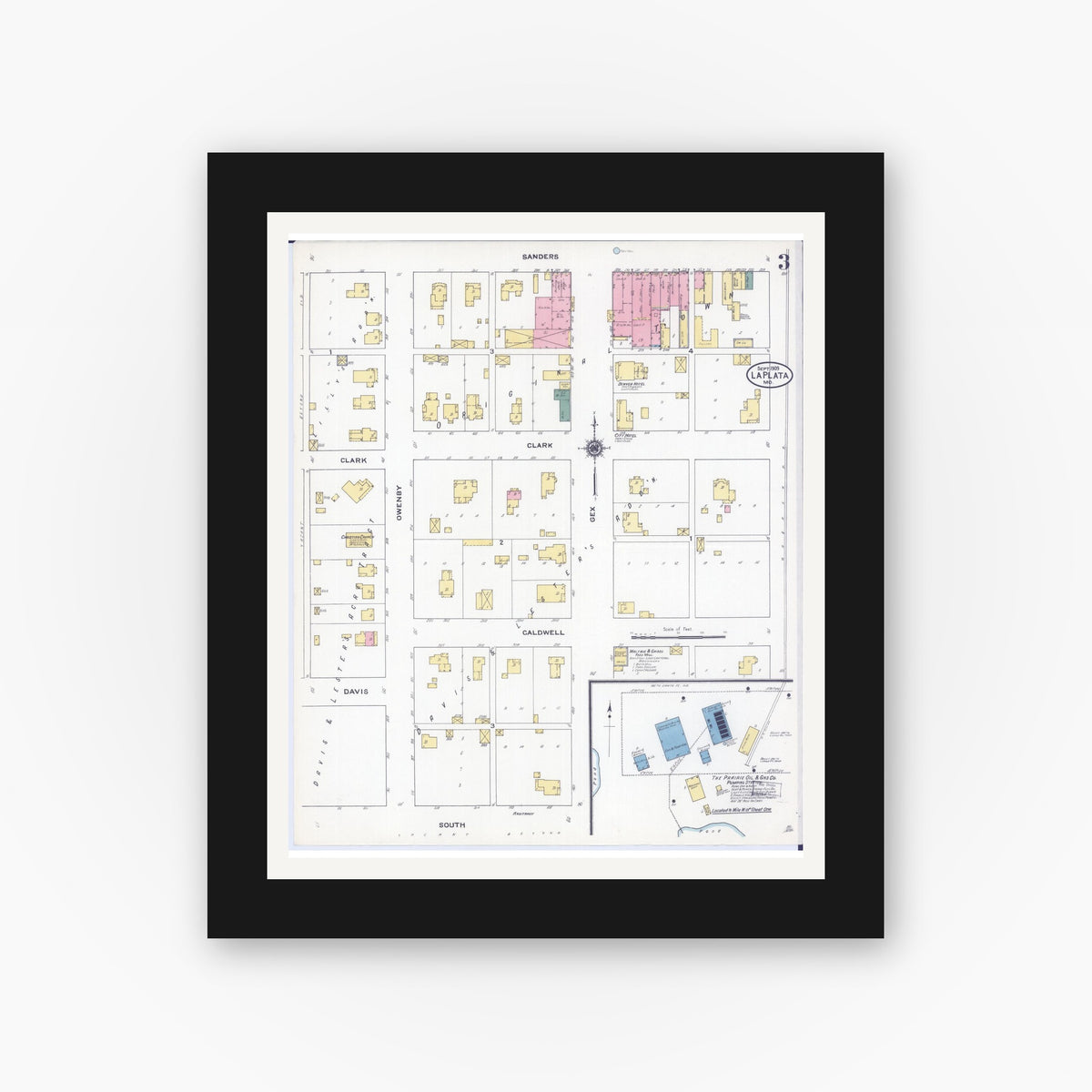 Old map wall art mockup — black gallery frame with white mat — Sanborn Fire Insurance Map from La Plata, Macon County, Missouri (1909), Sheet #0003