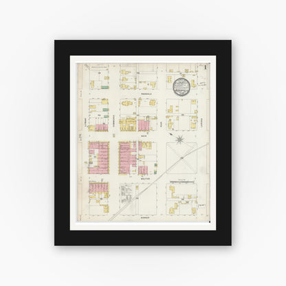 Old map wall art mockup — black gallery frame with white mat — Sanborn Fire Insurance Map from Jacksonville, Cherokee County, Texas (1896), Sheet #0001