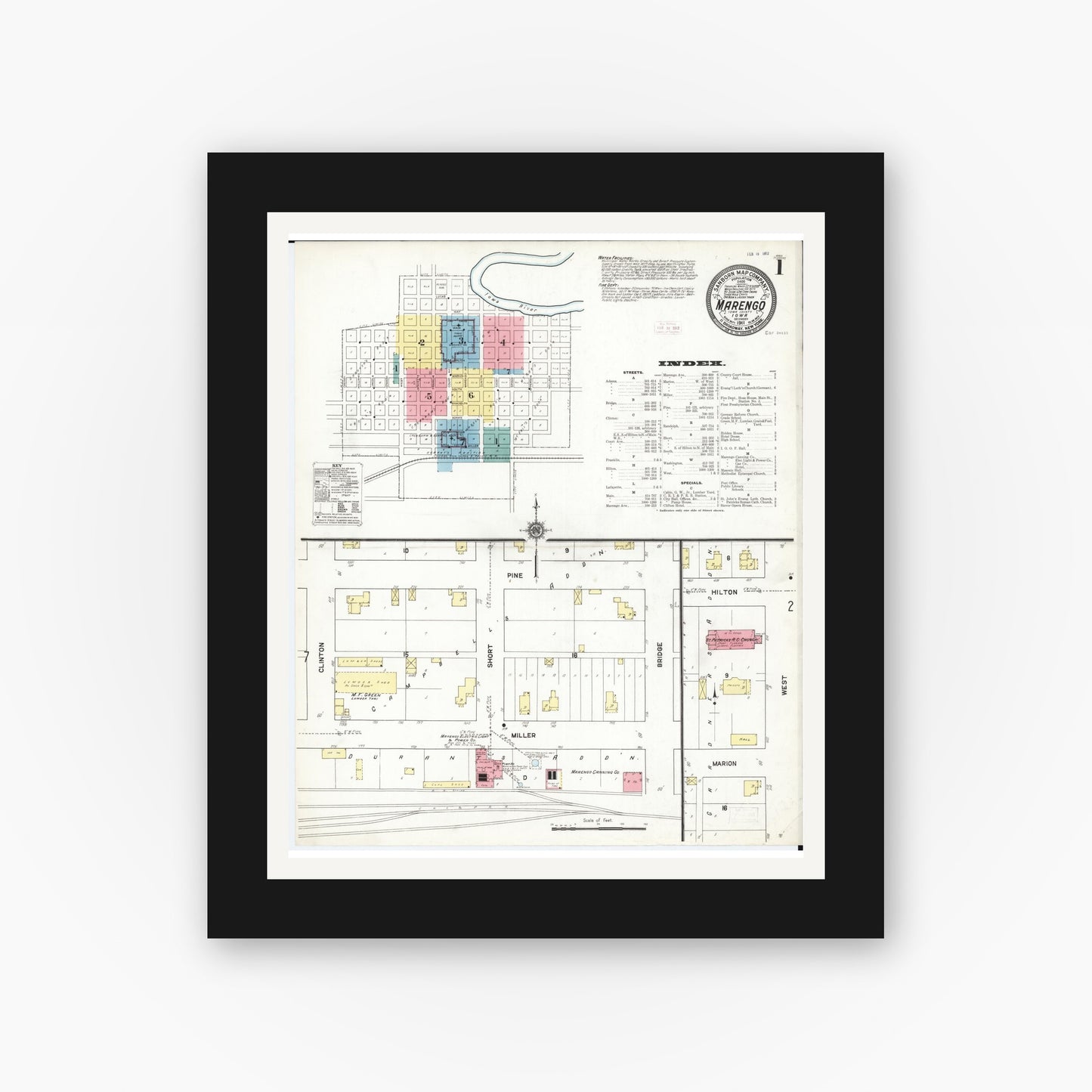 Old map wall art mockup — black gallery frame with white mat — Sanborn Fire Insurance Map from Marengo, Iowa County, Iowa (1911) â€” Complete Set