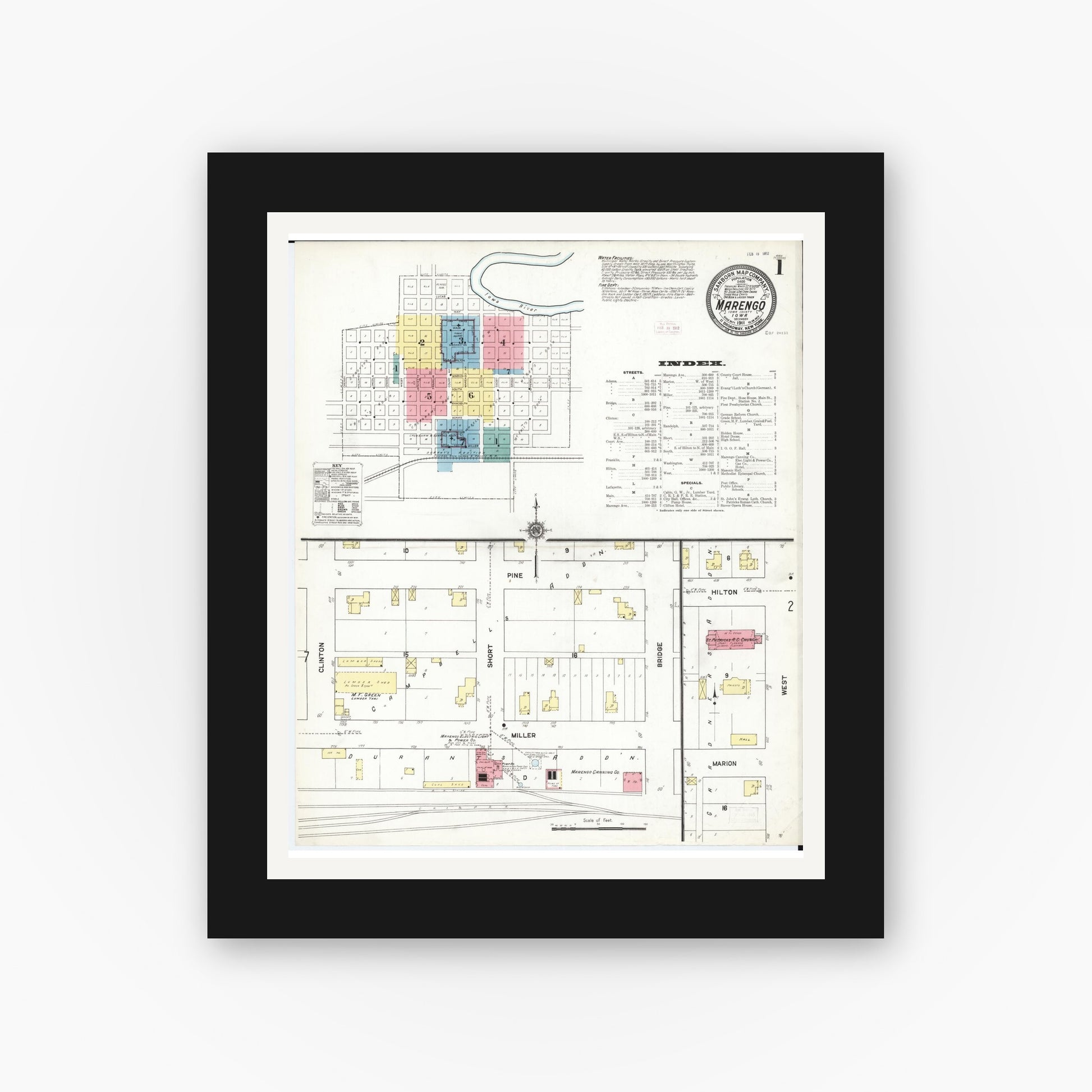 Old map wall art mockup — black gallery frame with white mat — Sanborn Fire Insurance Map from Marengo, Iowa County, Iowa (1911) â€” Complete Set