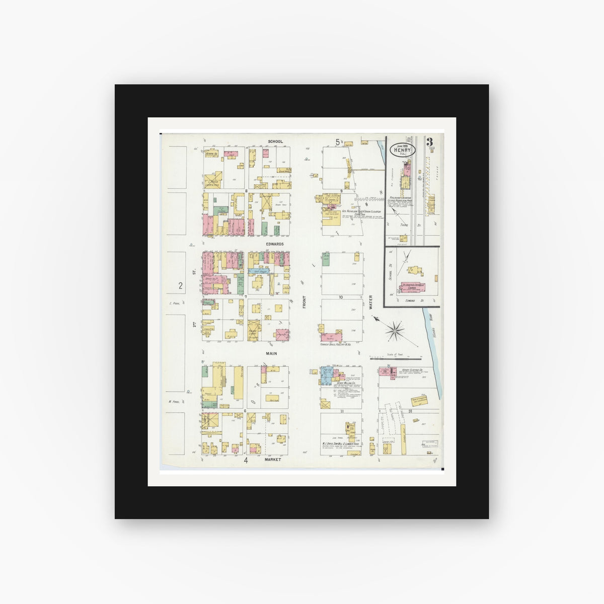 Old map wall art mockup — black gallery frame with white mat — Sanborn Fire Insurance Map from Henry, Marshall County, Illinois (1899), Sheet #0003