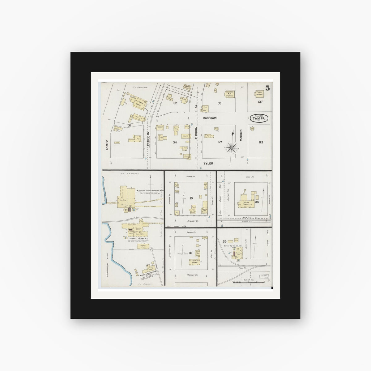 Old map wall art mockup — black gallery frame with white mat — Sanborn Fire Insurance Map from Tampa, Hillsborough County, Florida (1889), Sheet #0005