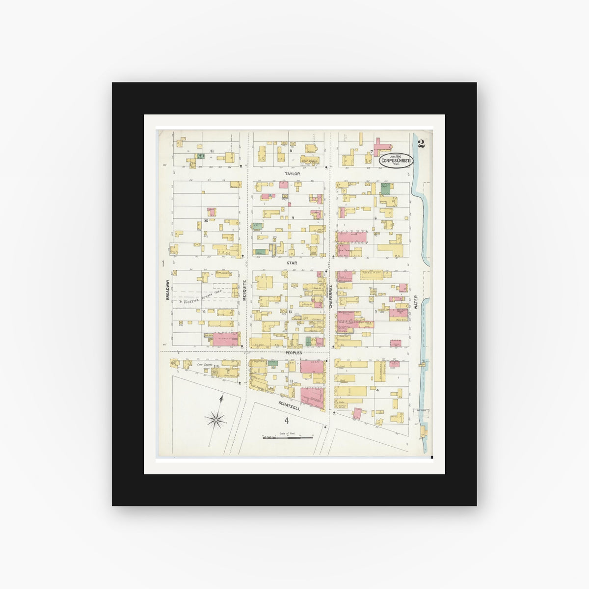 Old map wall art mockup — black gallery frame with white mat — Sanborn Fire Insurance Map from Corpus Christi, Nueces County, Texas (1900), Sheet #0002
