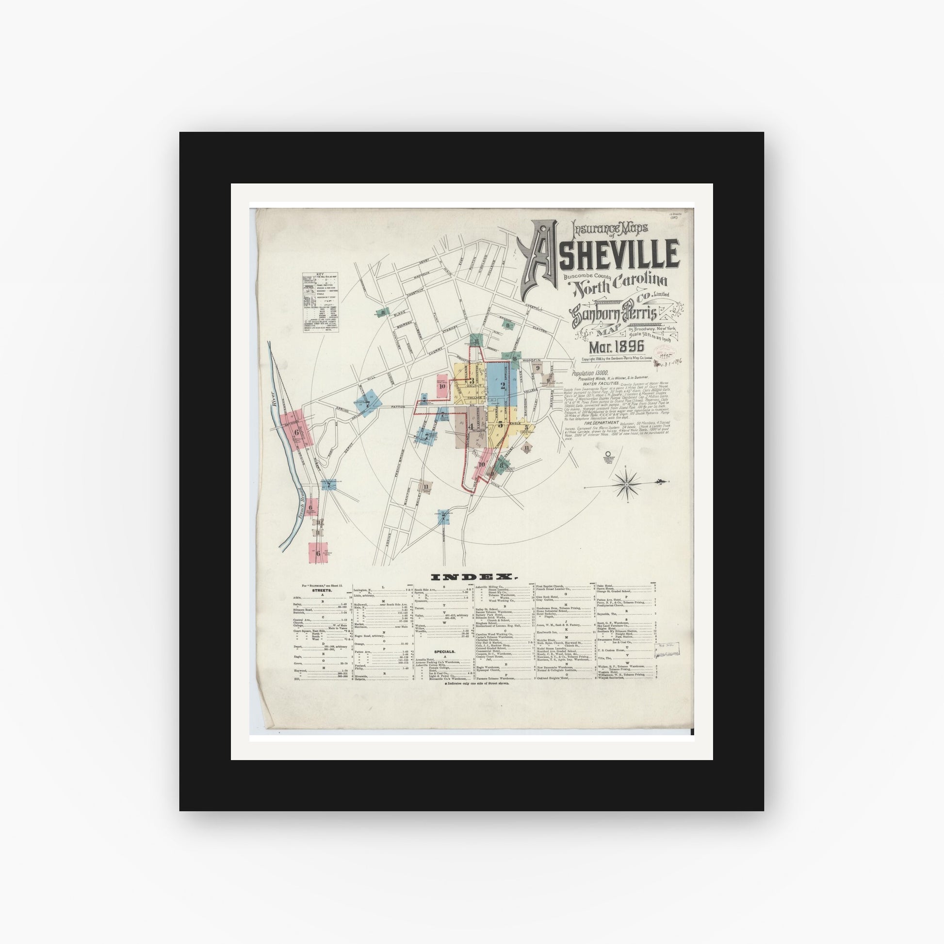 Old map wall art mockup — black gallery frame with white mat — Sanborn Fire Insurance Map from Asheville, Buncombe County, North Carolina (1896), Sheet #0001