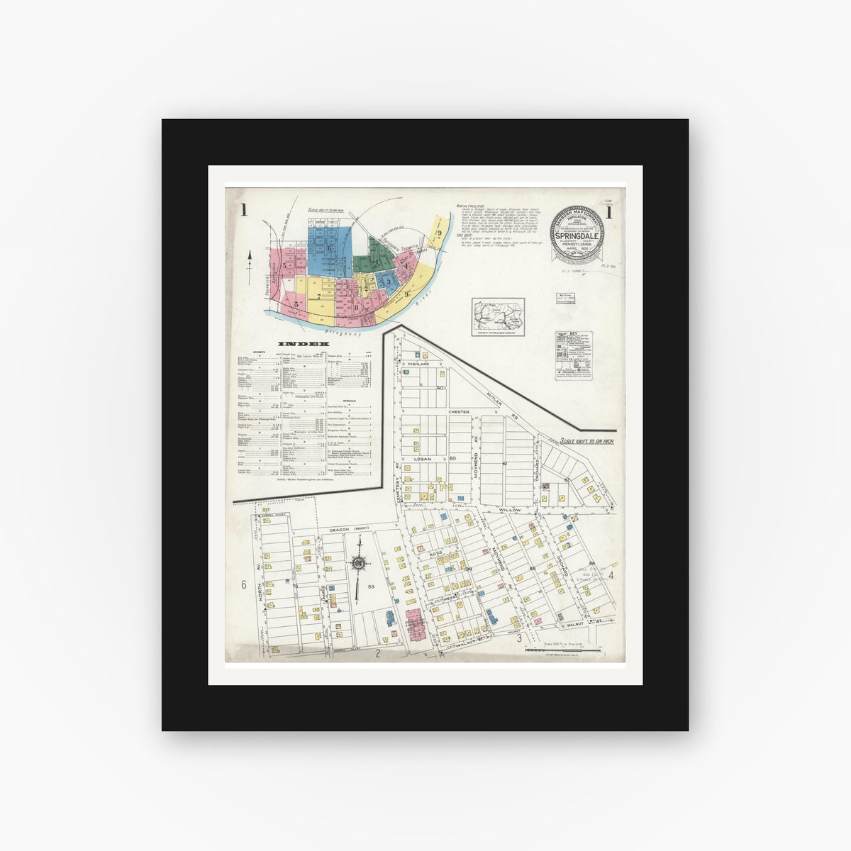 Old map wall art mockup — black gallery frame with white mat — Sanborn Fire Insurance Map from Springdale, Allegheny County, Pennsylvania (1924), Sheet #0001