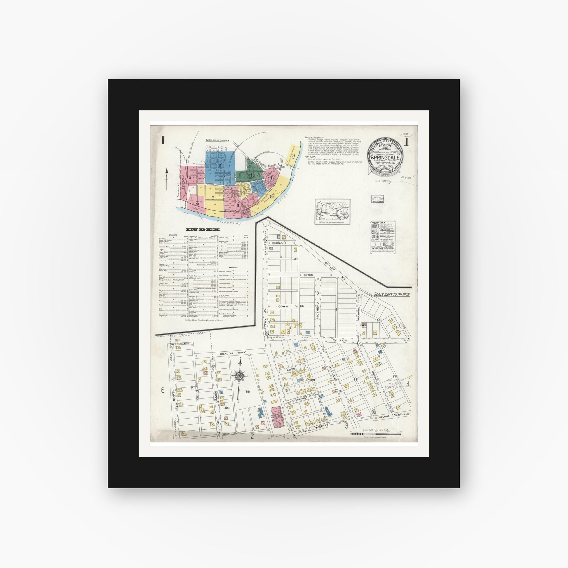 Old map wall art mockup — black gallery frame with white mat — Sanborn Fire Insurance Map from Springdale, Allegheny County, Pennsylvania (1924), Sheet #0001