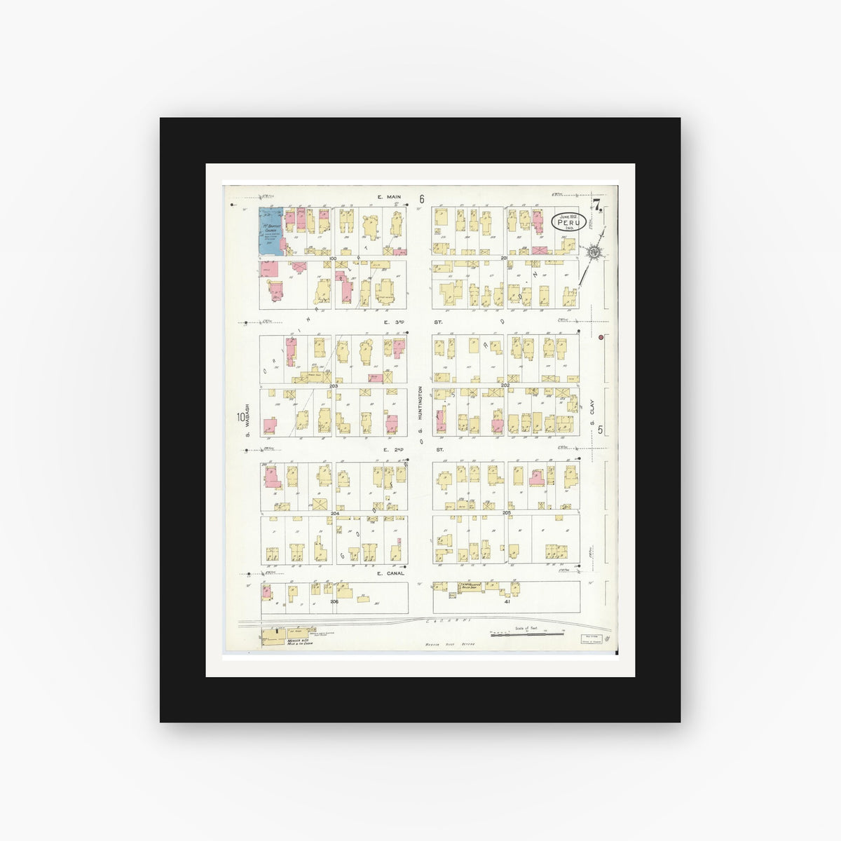 Old map wall art mockup — black gallery frame with white mat — Sanborn Fire Insurance Map from Peru, Miami County, Indiana (1912), Sheet #0007