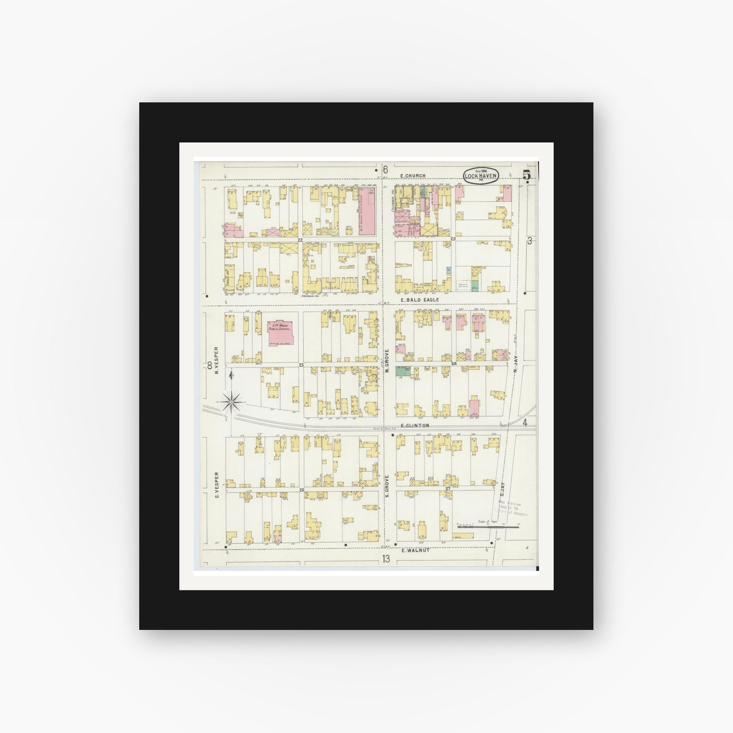 Old map wall art mockup — black gallery frame with white mat — Sanborn Fire Insurance Map from Lock Haven, Clinton County, Pennsylvania (1896), Sheet #0005